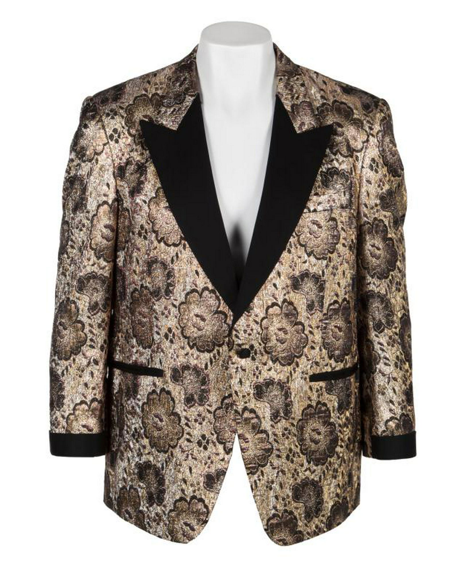 B.B. KING GRAMMY AND STAGE WORN JACKET: A silver and gold metallic jacket with large floral pattern and black satin lapel and cuffs, worn by B.B. King on December 3, 2008, to the first Grammy Nominations Concert, live at the Nokia Theater i