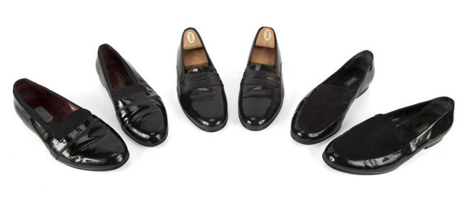B.B. KING GROUP OF PATENT LEATHER LOAFERS: Three pairs of Bally patent leather black loafers. Two pairs feature cloth black strip detail. The third has a suede vamp. PROVENANCE From the Estate of B.B. King BB King