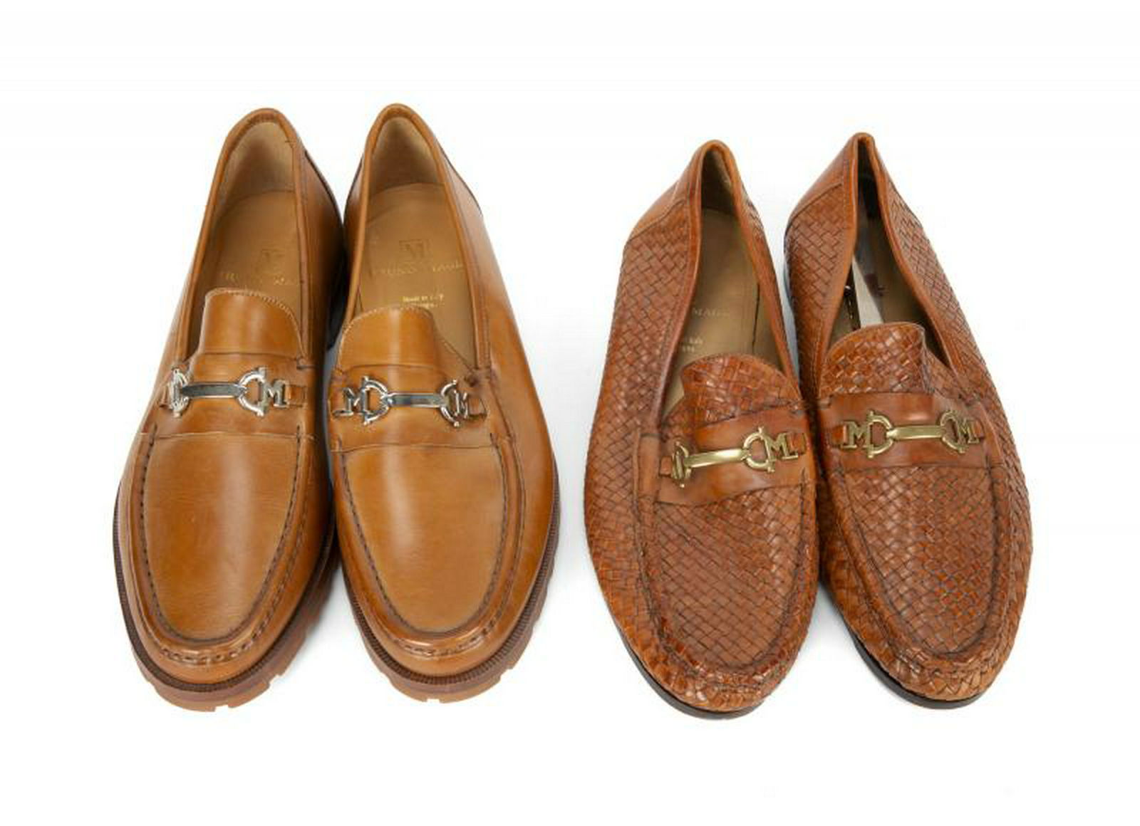 B.B. KING BRUNO MAGLI LEATHER LOAFERS: Two pairs of tan leather loafers by Bruno Magli with decorative gold buckles: the first in a woven leather and the second in smooth leather. Both size 12M. PROVENANCE From the Estate of B.B. King BB K