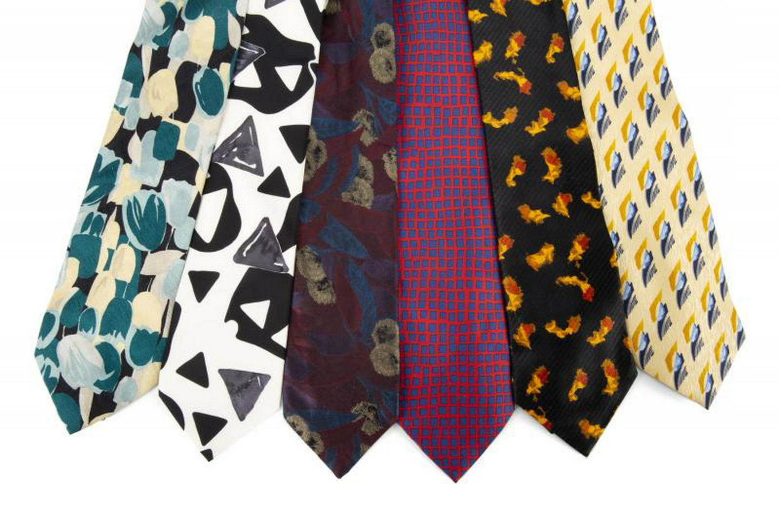 B.B. KING ITALIAN MADE TIES: A group of six Italian made ties: two by Bolgheri (in black with yellow flecks and in yellow with blue patterns); by Gene Meyer (red with blue squares), by Tino Cosura (green, yellow, and black), by B