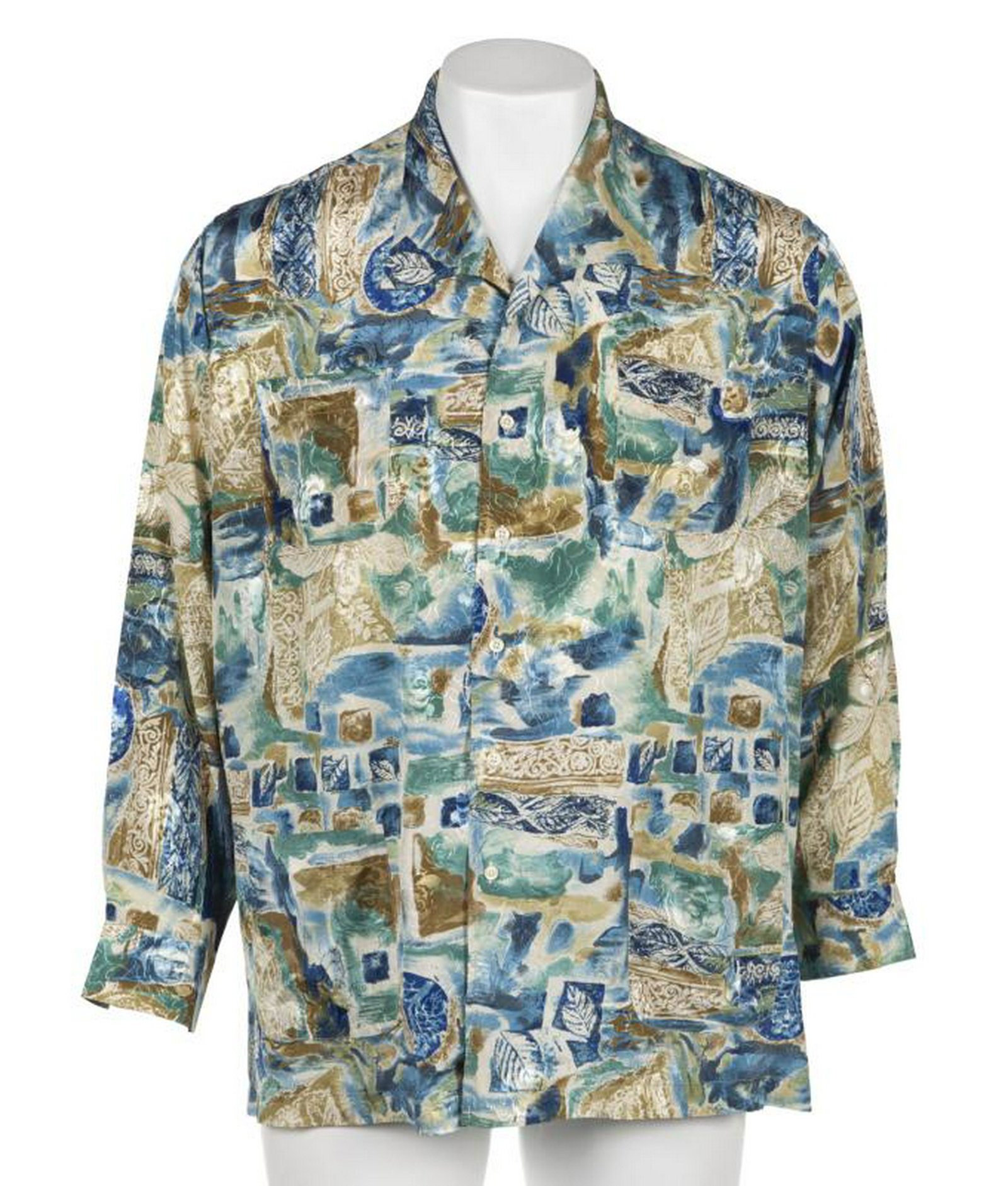 B.B. KING STAGE WORN SHIRT: A long-sleeve green and blue patterned shirt worn by B.B. King while performing at the New Orleans Jazz Festival on May 2, 2010. The shirt has an E-House custom tailor label. An online link to an imag