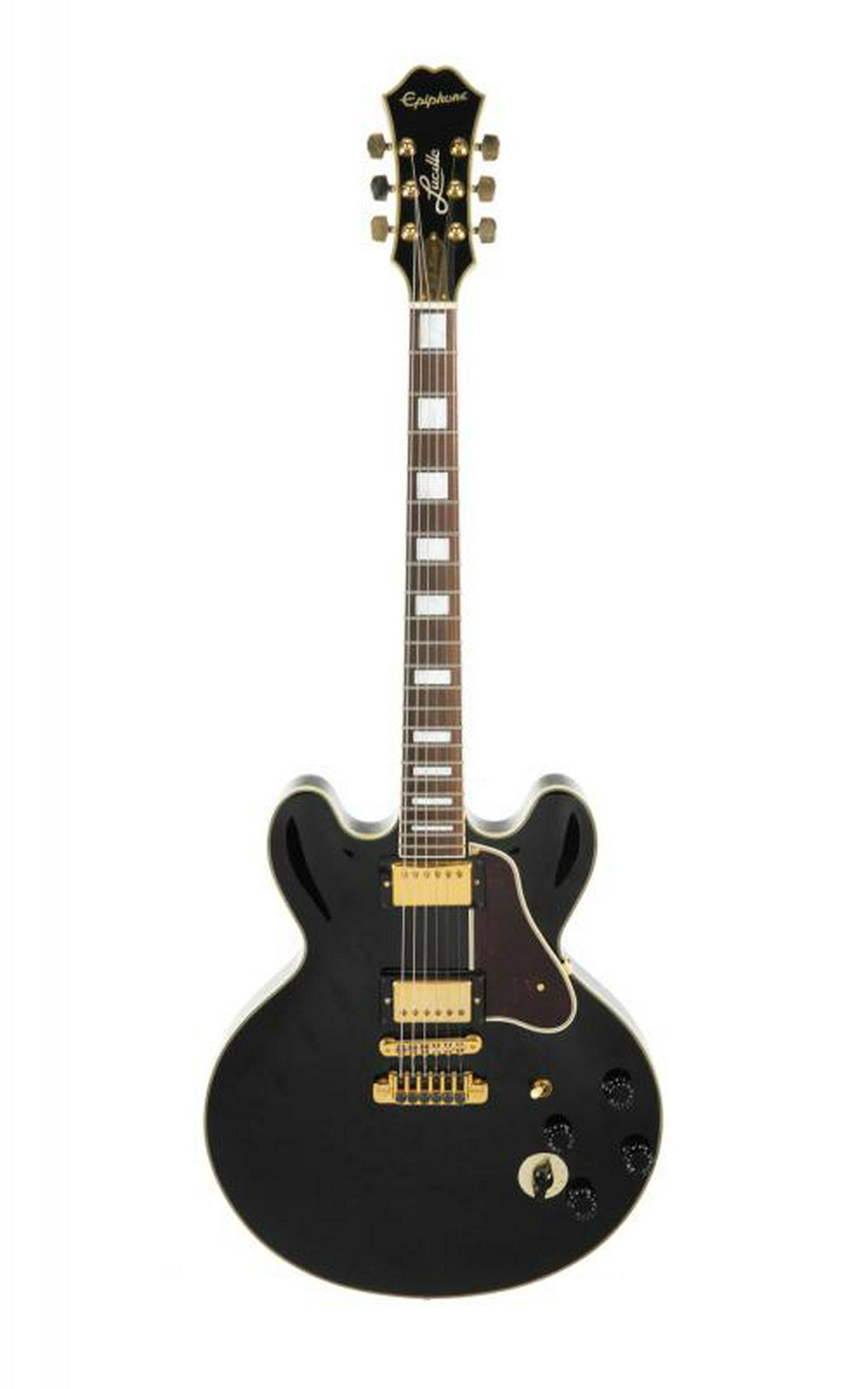 B.B. KING EPIPHONE LUCILLE GUITAR: A black Epiphone Lucille guitar with a "B.B. King" gold plate on the headstock. The guitar has gold-toned hardware and mother-of-pearl inlays on the neck. No serial number present. Accompanied by a br