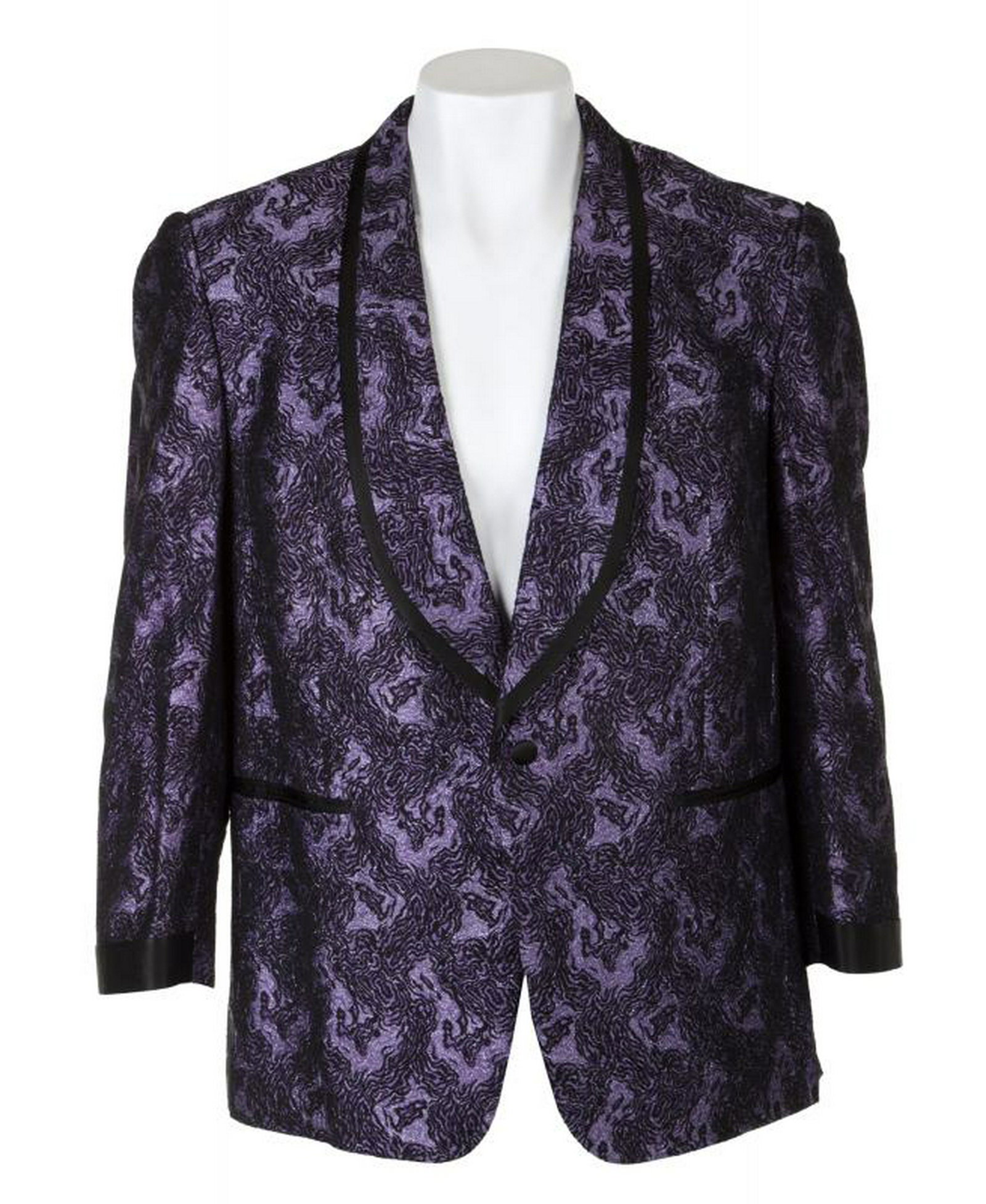 B.B. KING CUSTOM STAGE JACKET: A purple lamé? jacket with black embroidery and matching shawl lapels. Embroidered on the interior is "Made Specially for B.B. King/ King of the Blues" with a "B.B. King/ King of the Blues Worldwide"