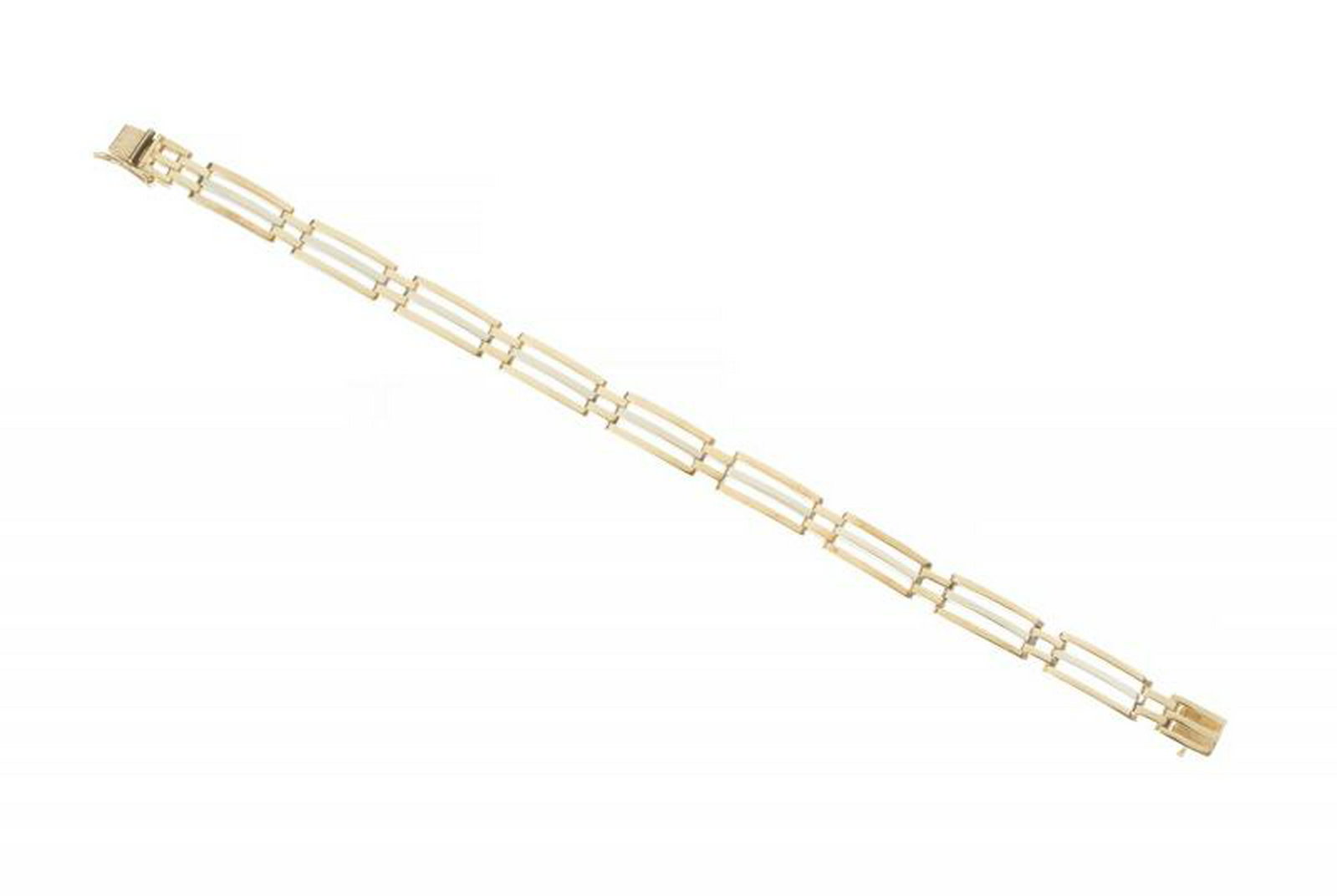 B.B. KING STAGE WORN GOLD BRACELET: A 14K yellow and white gold bracelet with box clasp closure, worn by B.B. King while performing on stage, such as during the opening week of his newly opened BB King's Blues Club & Grill in New York C