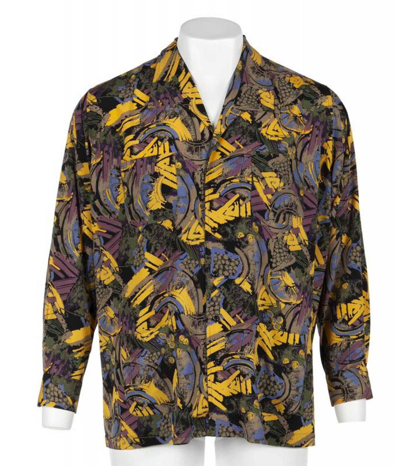 B.B. KING STAGE WORN SHIRT: A long-sleeve colorful shirt with abstract pattern worn by B.B. King while performing at the Bonnaroo Festival in Manchester, Tennessee, on June 14, 2008. The shirt has an E-House custom tailor label.
