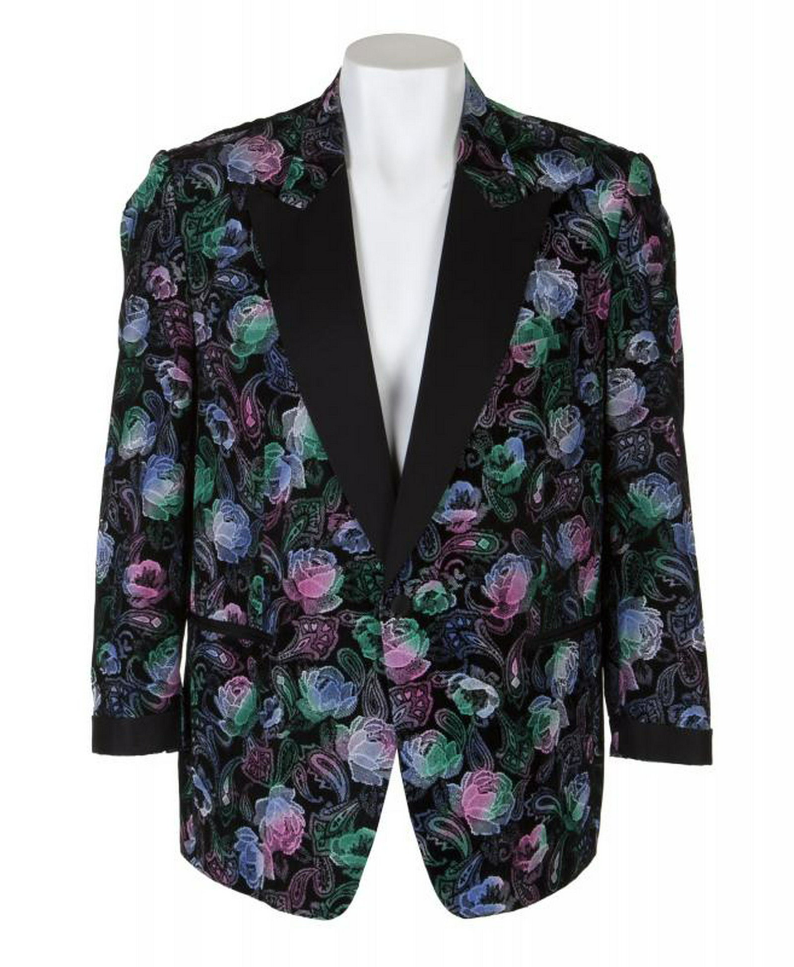 B.B. KING CUSTOM STAGE JACKET: A black velvet jacket with multicolored floral patterns and black satin peak lapels. Embroidered on the interior is "Made Specially for B.B. King/ King of the Blues" with a "B.B. King/ King of the Blu