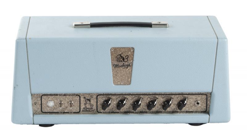 WALTER BECKER 3 MONKEYS GREASE MONKEY AMPLIFIER: A Grease Monkey model amplifier by 3 Monkeys that was brought on tour by Walter Becker in 2016-2017. Powered by four EL48 power and three 12AX7 preamp tubes, with silver sparkle panels and pale blue t