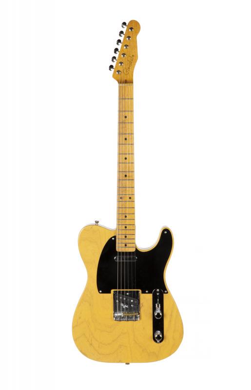 WALTER BECKER GLENDALE TELECASTER-STYLE GUITAR: A Glendale solidbody electric guitar, modeled after a 1950s telecaster. The ash body has a blonde finish and is fitted with a maple neck. Neck plate stamped with serial number 0141. Neck is inscribed 