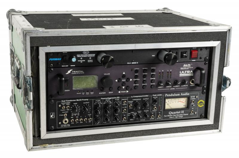 WALTER BECKER STUDIO RACK ELECTRONICS: A rack case loaded with electronics used in Walter Becker’s professional studio including a Pendulum Audio Quartet II, a Fractal Axe-FX Ultra pre-amp and effects processor, and a Furman PL-8 Series 