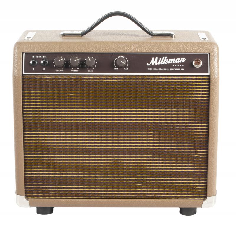 WALTER BECKER MILKMAN SOUND ONE WATT COMBO AMPLIFIER: A One Watt model 1x10 combo amplifier from Milkman Sound. The chocolate colored cabinet is loaded with a Jupiter ceramic 10-inch speaker and a badge to the chassis is inscribed with the serial number 