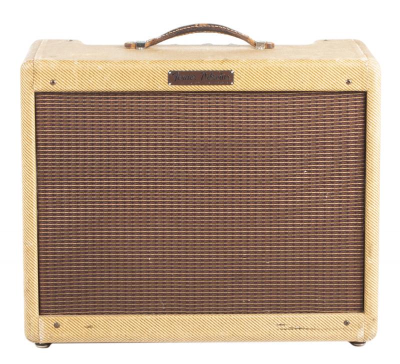 WALTER BECKER 1957 FENDER VIBROLUX TWEED COMBO: A 1957 Fender Vibrolux 5F11 tweed 1x10 combo amplifier. The cabinet is loaded with the original Jensen P10R and a tube chart to the interior is inscribed with the serial number F00432 and stamped with