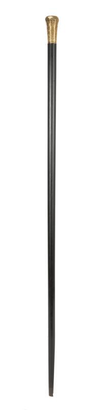 GOLD MOUNTED WALKING STICK: A walking stick featuring a gold knob grip with faceted panels and engraved floral, foliate and scenic decoration, inscribed "Dr. J.G. Hastings from H. O'Kelly" to the top, raised on a tapering eboniz