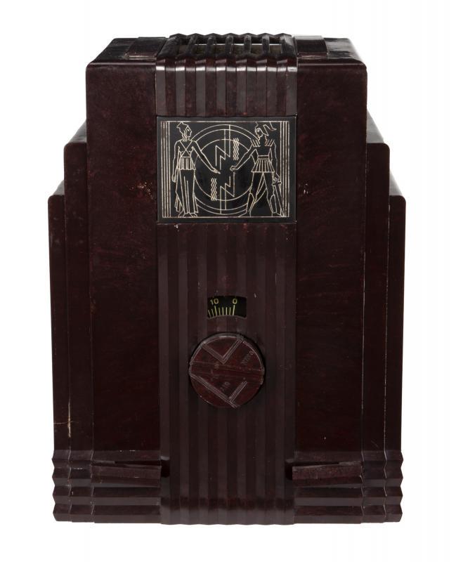 AIR KING SKYSCRAPER: 1933. Designed by Harold Van Doren. Bakelite case with matching brown lever knobs and Egyptian dial. 11 3/4 by 8 3/4 by 6 3/4 inches Radio