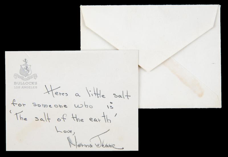 MARILYN MONROE INSCRIBED GIFT CARD: A small one from Bullock's Los Angeles, penned in black fountain pen ink "Heres [sic] a little salt / for someone who is / 'The salt of the earth' / Love, / Norma Jeane;" included with its envelope bu