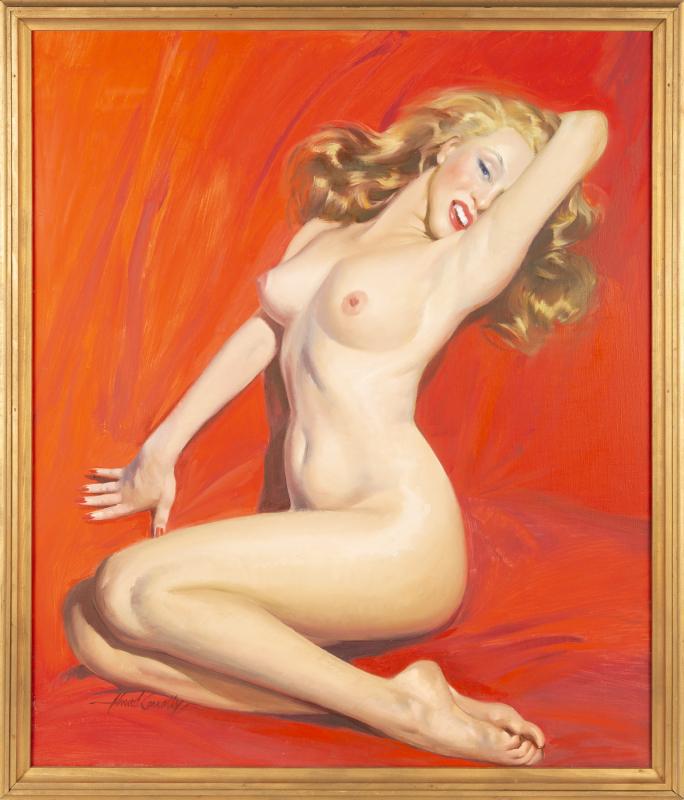 MARILYN MONROE NUDE OIL PAINTING BY HOWARD CONNOLLY: An original work rendered on canvas, depicting an excellent likeness of the famous 'Golden Dreams' calendar image, signed in the lower left corner "Howard Connolly" -- the noted 20th century fine art 
