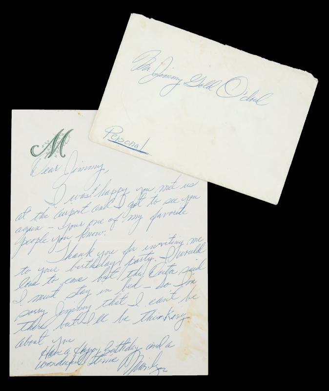 MARILYN MONROE HANDWRITTEN LETTER TO JIMMY GOLD O'DOUL: A single page of stationery printed with an "M," penned in blue ballpoint ink, no date, to "Jimmy," reading in part "I was so happy you met us / at the airport and I got to see you / again - your [sic