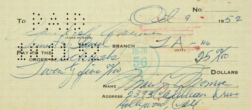 MARILYN MONROE HANDWRITTEN CHECK: A standard counter one entirely penned in blue ballpoint ink by the star, dated "Oct 9, 1952," to "Schwabs" in the amount of "$25.00," signed "Marilyn Monroe" with her added Castilian Drive address be