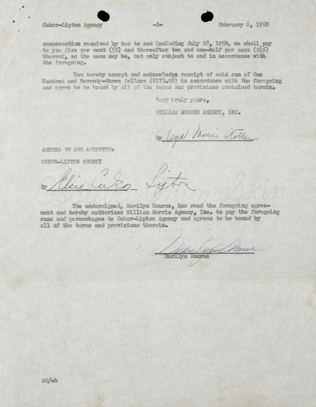 MARILYN MONROE SIGNED EARLY BUSINESS DOCUMENT: A two page letter, typed on onion skin, two hole punch mark on top margin, dated "February 6, 1950," sent to the Cukor-Lipton Agency by the then starlet and her new agent at William Morris, outlining