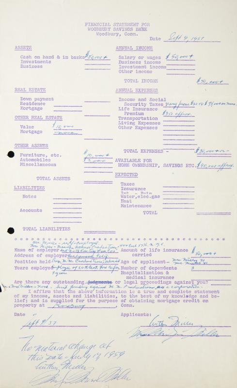 MARILYN MONROE AND ARTHUR MILLER TWICE-SIGNED FINANCIAL: A legal-sized page from Woodbury Savings Bank in Connecticut, two hole punch marks on left side, dated "Sept. 9, 1957," filled out in blue fountain pen ink by Miller, briefly outlining the couple's fi