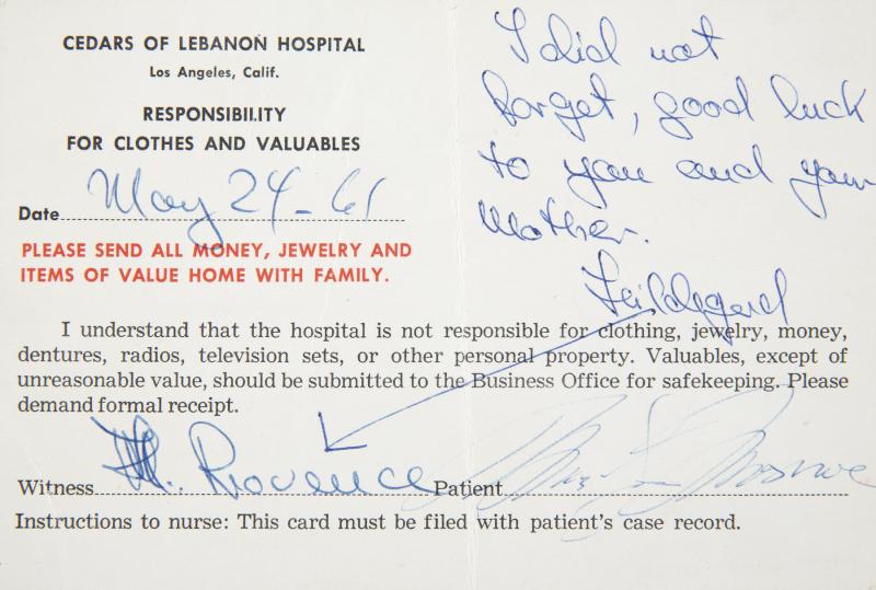 MARILYN MONROE SIGNED HOSPITAL WAIVER FORM: A small card from Cedars of Lebanon Hospital in Los Angeles noting that they were not responsible for patients' "Clothes and Valuables," dated "May 24 - 61," signed in blue ballpoint ink in the lower 