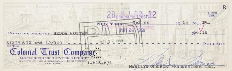 MARILYN MONROE SIGNED CHECK: A standard one from her Colonial Trust Company bank account in New York City, dated "May 22, 1959," to "Hedda Rosten" in the amount of "$66.12," signed in blue ballpoint ink "Marilyn Monroe;" with nor