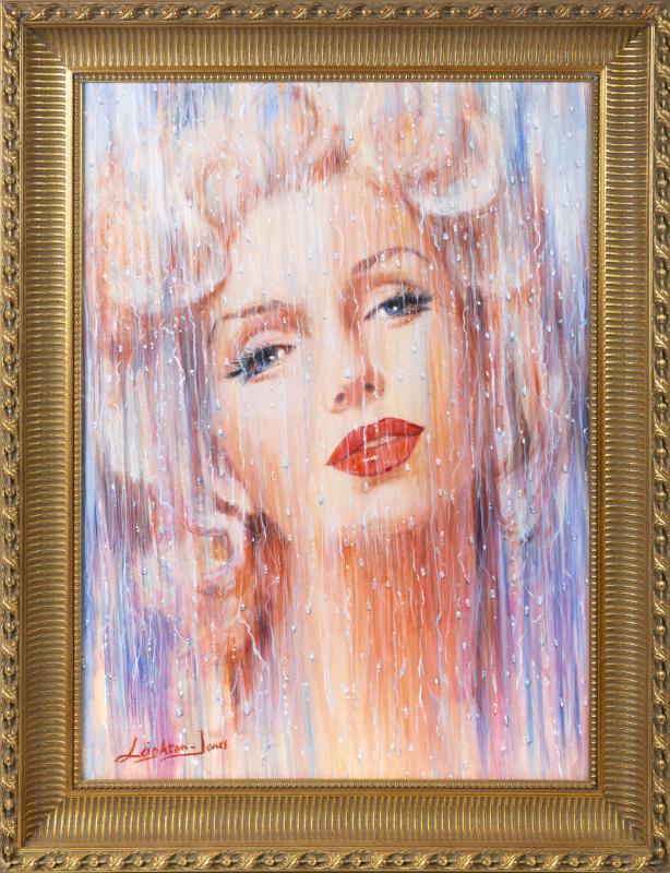 MARILYN MONROE ACRYLIC PAINTING BY BARRY LEIGHTON-JONES: An original work rendered on canvas, depicting the star looking melancholy as it rains in front of her, signed in the lower left corner "Leighton-Jones" -- the noted 20th century British artist; house