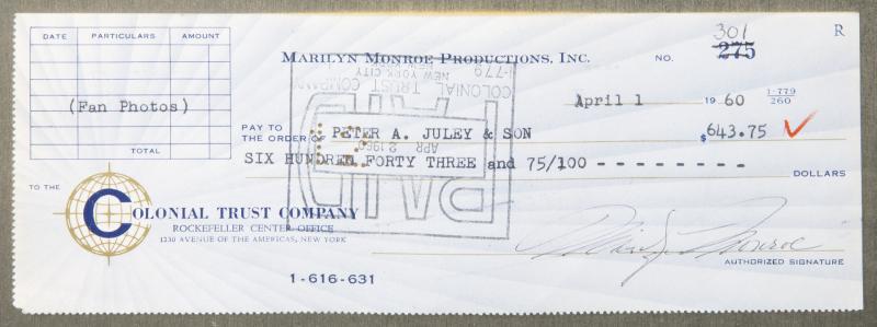 MARILYN MONROE SIGNED CHECK: A standard one from her "Marilyn Monroe Productions, Inc." account at the Colonial Trust Company in New York, dated "April 1, 1960," to "Peter A. Juley & Son" in the amount of "$643.75" for "Fan Photo