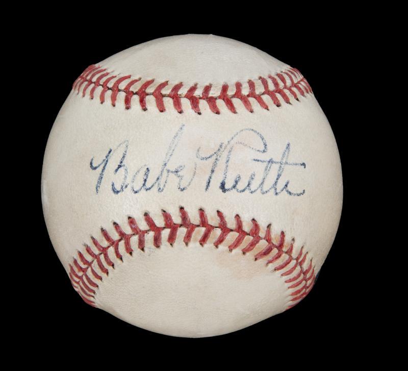 BABE RUTH SIGNED BASEBALL: A Reach Official American League Baseball (Harridge), era 1946, signed by Babe Ruth in blue ink. In Ruth’s 15-year career as a New York Yankee, he led the team to seven World Series appearances, cap