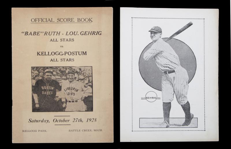 BABE RUTH AND LOU GEHRIG OFFICIAL SCOREBOOK: A copy of Babe Ruth-Lou Gehrig All Stars vs. Kellogg-Postum All Stars Official Scorebook. Dated Saturday, October 17, 1928/ Kellogg Park, Battle Creek, Michigan. 9 1/2 by 6 1/2 inches Baseball