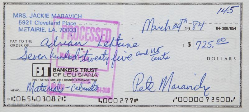 PETE MARAVICH SIGNED CHECK: A check dated March 29, 1984, paid to the order of Adrian Lehtune for the amount of $725.00, handwritten and signed by Pete Maravich in blue ink. The check is additionally inscribed "Memo: Materials -