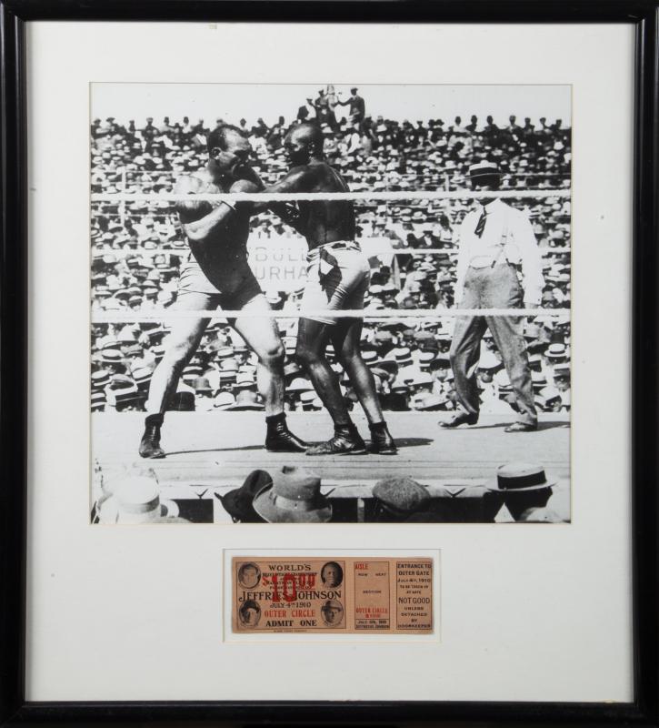 JEFFRIES VS. JOHNSON 1910 FULL TICKET: A 1910 Jeffries vs. Johnson full ticket for the match that took place on July 4, 1910. Jack Johnson defended his World Heavyweight title against the "Great White Hope," Jim Jeffries, in Reno, Nevada.