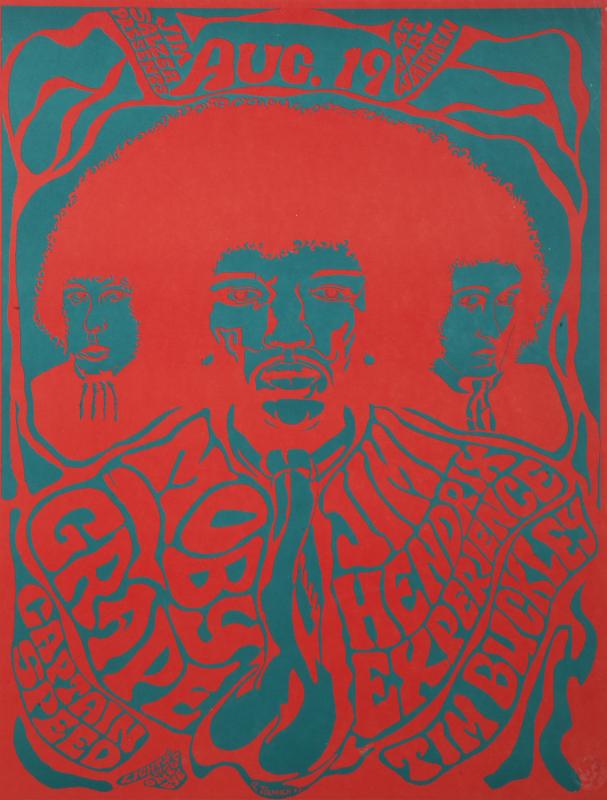 JIMI HENDRIX EARL WARREN CONCERT POSTER: A poster advertising a concert with Jimi Hendrix, Moby Grape, Tim Buckley, and Captain Speed at the Earl Warren Showgrounds in Santa Barbara, California, on August 19, 1967 (second printing). Unframed