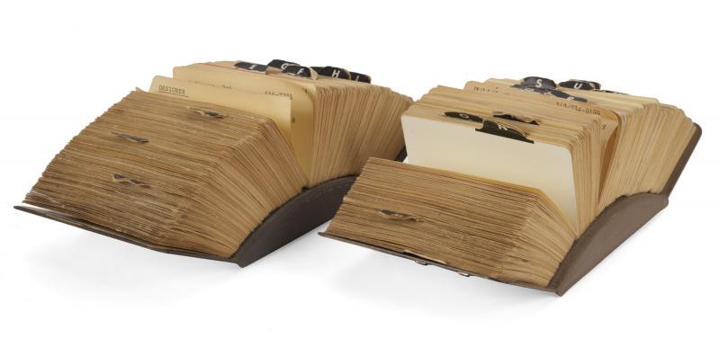 PETER ASHER PERSONAL ROLODEXES FROM THE 1960s: Two metal Rolodexes from the late 1960s and/or early 1970s belonging to music producer and manager Peter Asher. Some of the famous names included are Warren Beatty, Eric Clapton, George Harrison, Mick