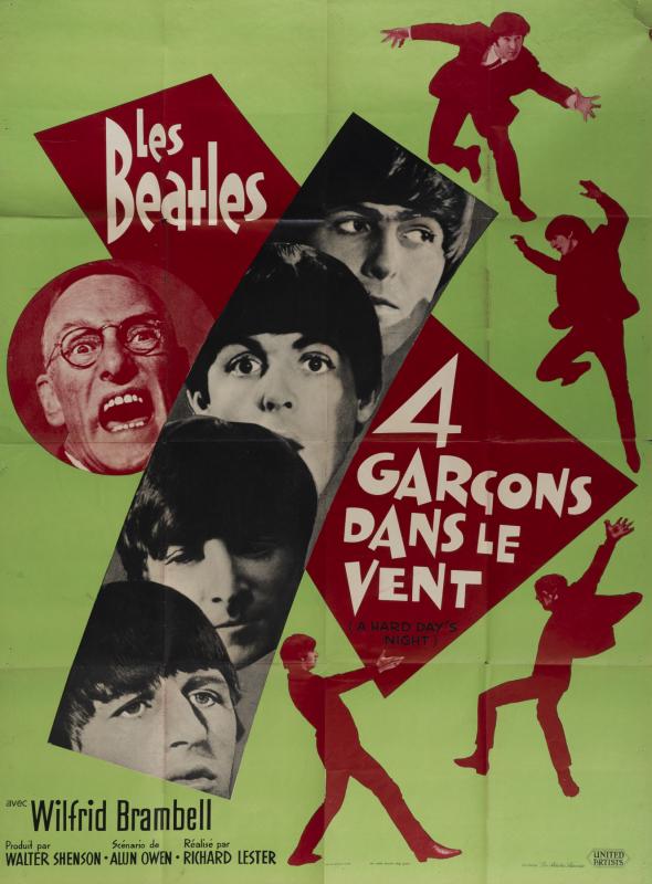THE BEATLES A HARD DAY'S NIGHT FRENCH FILM POSTER: A vintage 1964 French poster used to promote the release of The Beatles feature film A Hard Day's Night (UA, 1964). 62 by 46 inches The Beatles