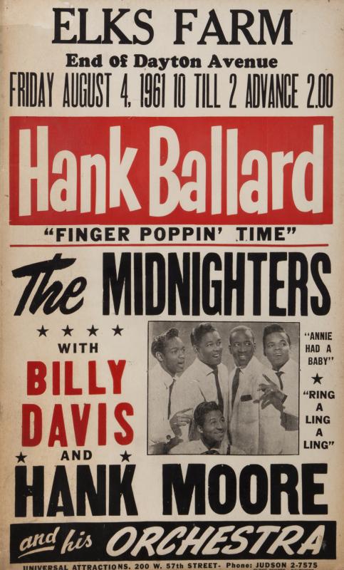 HANK BALLARD CONCERT POSTER: An original "boxing style" poster advertising a concert for Hank Ballard with The Midnighters and Hank Moore at Elks Farm in Ohio on August 4, 1961. Unframed, 22 1/4 by 14 inches Hank Ballard