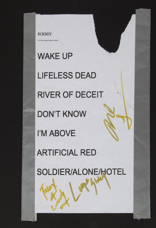 LAYNE STALEY HANDWRITTEN SETLIST: A torn sheet with a handwritten setlist for Mad Seasons Dec 31, 1994 show at RKCNDY in Seattle, by Alice In Chains/Mad Season lead singer Layne Staley, including "Wake Up Young Man," "Lifeless/River,"