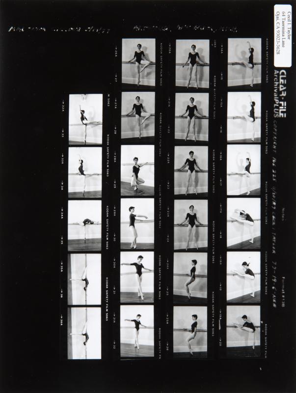 MADONNA CONTACT SHEET BY CECIL TAYLOR: A black and white contact sheet of Madonna doing ballet, taken by Cecil Taylor in 1977 at the Art Worlds Institute of Creative Arts in Ann Arbor, Michigan. Madonna was 18 and a student at the Institut