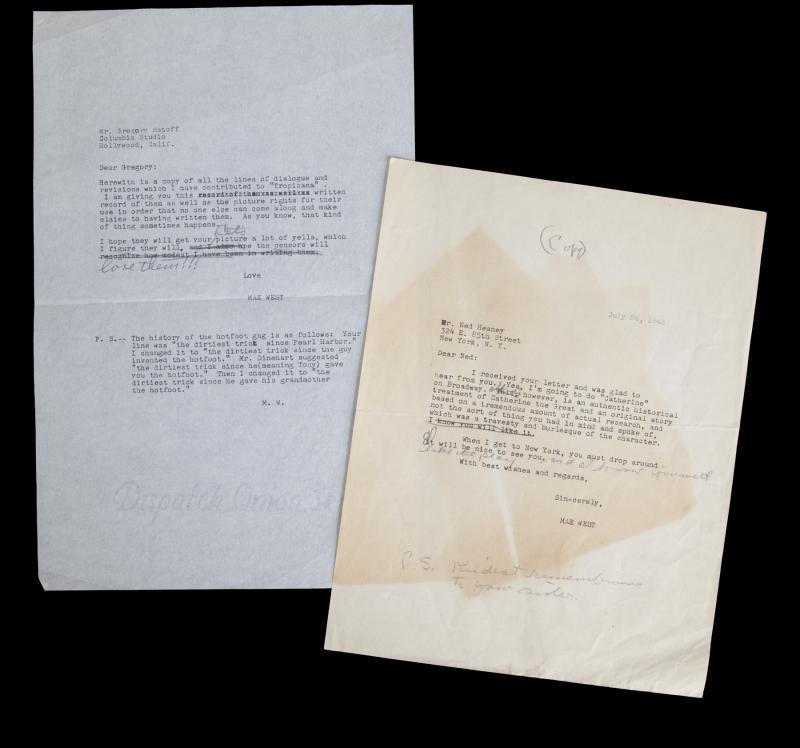 MAE WEST INSCRIBED PAIR OF LETTERS: A typed letter dated July 24, 1943, addressed to Ned on the subject of Mae West’s Catherine Was Great with West as the sender and edit notes in pencil inscribed by West. A typed letter addressed to 