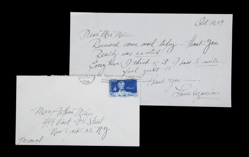 MARILYN MONROE RECEIVED THANK YOU LETTER FROM A FAN: From the Personal Files of Marilyn Monroe: A handwritten thank you note from a gentleman named Lance (last name undecipherable). The October 10, 1959, note reads, "Dear Mrs. Miller, Received some mail