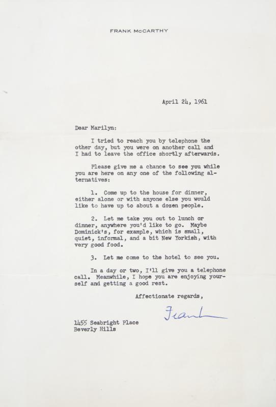 MARILYN MONROE RECEIVED LETTER: From the Personal Files of Marilyn Monroe: A typed letter from film producer Frank McCarthy, dated April 24, 1961. The letter reads in part, "Dear Marilyn, I tried to reach you by telephone the other 