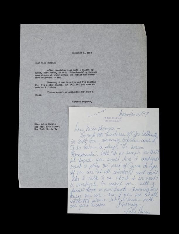 MARILYN MONROE RECEIVED LETTER FROM AWARD WINNING: From the Personal Files of Marilyn Monroe: A handwritten letter from five-time Tony Award winning and Emmy, GRAMMY, and Academy Award nominated actress Julie Harris. The December 2, 1957, letter reads