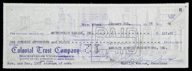MARILYN MONROE 1958 CANCELLED BANK CHECK MADE OUT TO: From the Personal Files of Marilyn Monroe: A Marilyn Monroe Productions bank check made out to Metropolis Garage, Inc., in the amount of $117.92 and signed by Monroe. The check was for payment of "Nov