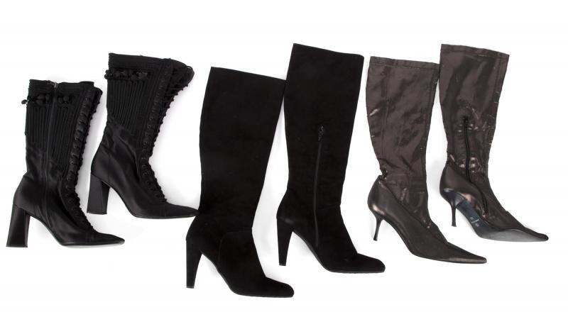 OLIVIA NEWTON-JOHN COLLECTION OF BOOTS: A pair of lace-up Prada satin boots embellished with cordwork, jet-like faceted glass squares and pom-poms. Size 39. A pair of suede Stuart Weitzman boots. Size 9 1/2. A pair of metallic Diego di Luca