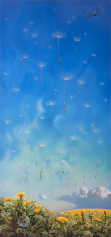 OLIVIA NEWTON-JOHN VLADIMIR KUSH GICLÉE: "White Flowers of the Sky," giclée on canvas depicting a landscape of dandelions. Signed lower left, edition number 87/88. 34 by 16 inches PROVENANCE From the Collection of Olivia Newton-John Olivia