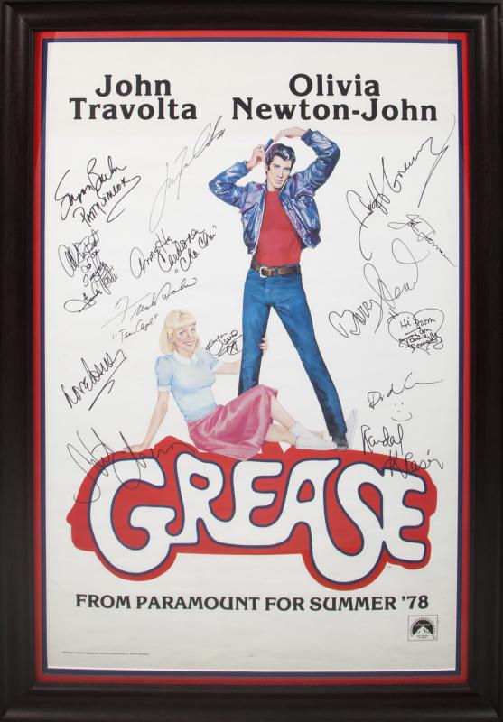 OLIVIA NEWTON-JOHN CAST SIGNED GREASE ONE-SHEET ADVANCE: A one-sheet advance film poster for Grease (Paramount, 1978). The poster reads "Grease from Paramount for summer '78" and is signed by Olivia Newton-John, John Travolta, Frankie Valli, Annette Cardona