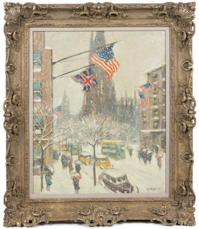 SINATRA: GUY CARLETON WIGGINS (AMERICAN, 1883-1962): St. Patrick’s in Winter, 1943. Oil on canvas. Signed ‘Guy Wiggins N.A.’ (lower right), signed, dated and titled ‘St. Patrick’s in Winter, Guy Wiggins N.A. 1943’ (verso), and with a Dalzell