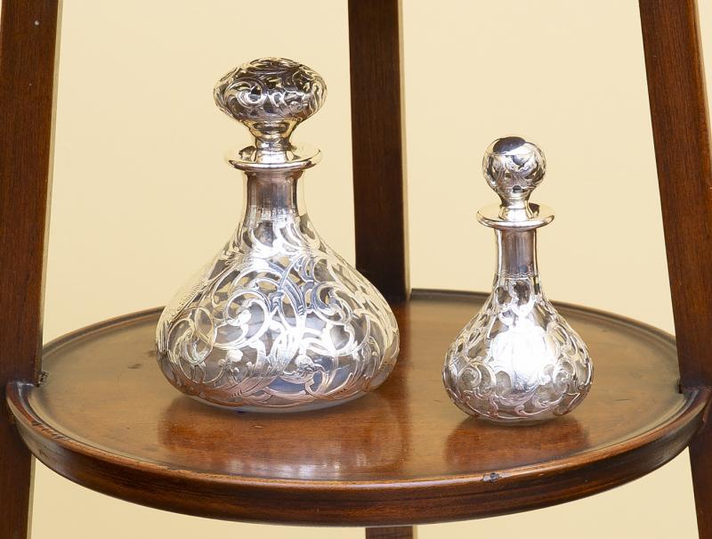 SINATRA TWO AMERICAN SILVER OVERLAY GLASS SCENT BOTTLES (1 of 2)