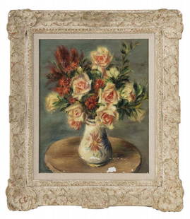 SINATRA: SUEO SERISAWA (JAPANESE/AMERICAN, 1910-2004): ‘Roses,’ oil on canvas, signed and dated ‘44’ lower left, signed, dated, titled and inscribed ‘#113 “Roses” / 1944 / Sueo Serisawa’, and with a Dalzell Hatfield Galleries Ambassador Ho