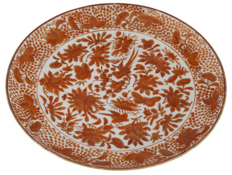SINATRA CHINESE EXPORT PORCELAIN ORANGE 'SACRED BIRD: The white ground porcelain decorated in orange with flowers, birds and butterflies. Diameter, 8 1/2 inches PROVENANCE From the Estate of Mrs. Nancy Sinatra Frank Sinatra