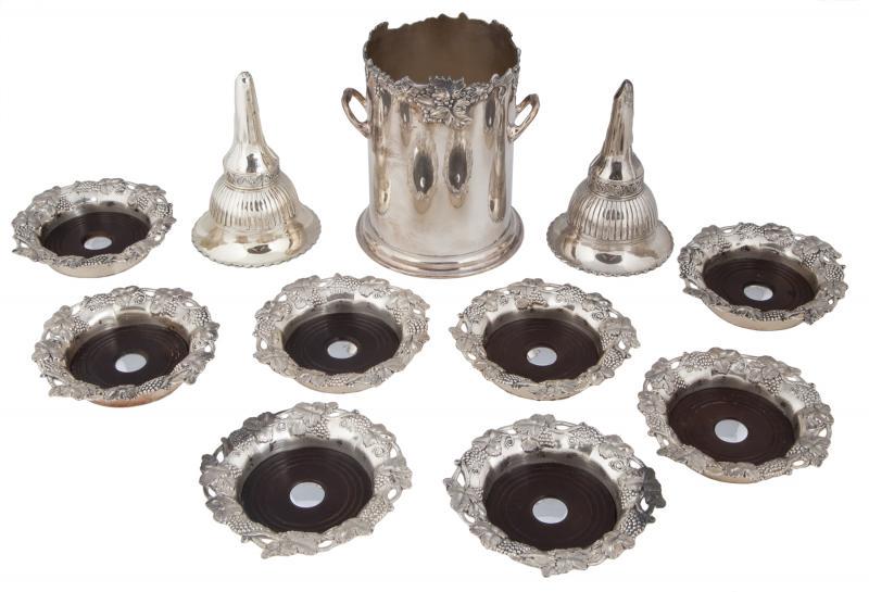 SINATRA GROUP OF SILVER-PLATE WINE IMPLEMENTS: Including a Harrison Fisher & Co. grape cluster decorated bottle holder marked ‘HF S/ EPNS/ A,1’, a set of eight grape cluster decorated bottle coasters marked ‘C &Co.’, and two wine funnels.